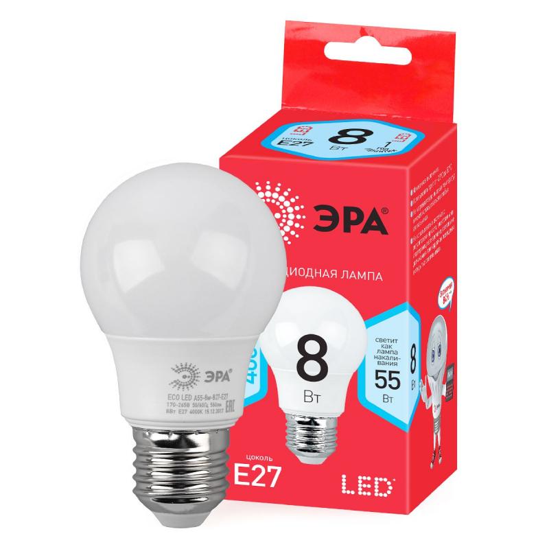 Лампа светодиодная Эра E27 8W 4000K LED A55-8W-840-E27 R Б0052382