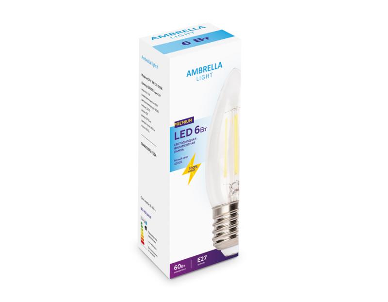 Лампа светодиодная филаментная Ambrella light E27 6W 4200K прозрачная 202220