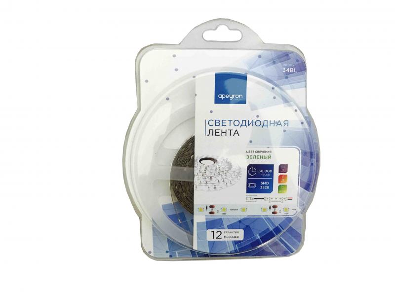 Светодиодная лента Apeyron 12В СТ 4,8Вт/м smd3528, 60д/м IP20 5м зеленая 34BL