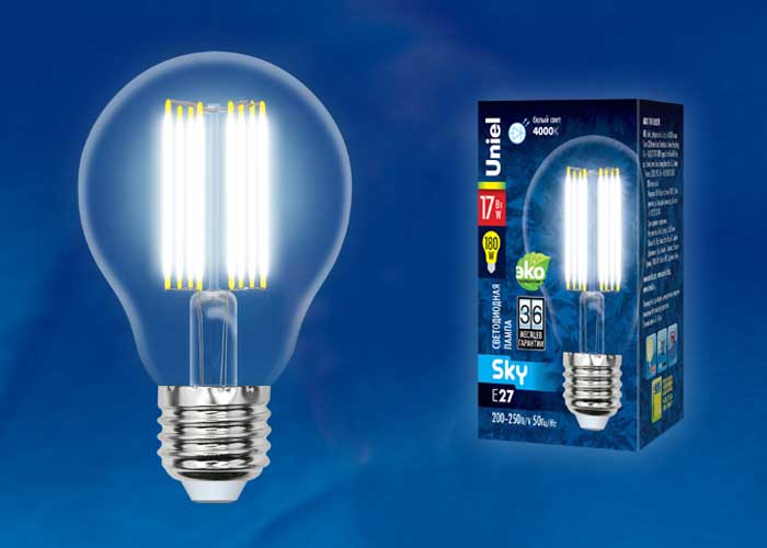 Лампа светодиодная филаментная (UL-00004871) Uniel E27 17W 4000K прозрачная LED-A70-17W/4000K/E27/CL PLS02WH
